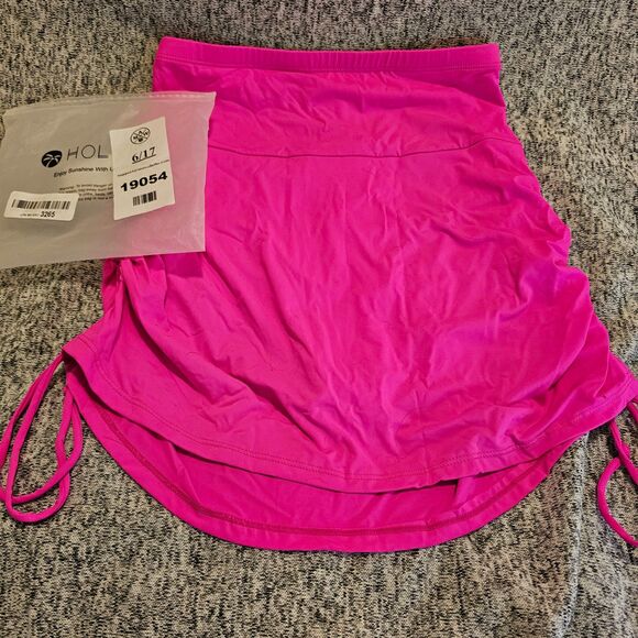 NWT SZ M Women's Tummy Control Ruched Drawstring High Waist Swim Skirt-Neon Pink - Picture 2 of 8